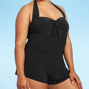 Aqua Green Black Halter Swim Romper 16W NEW